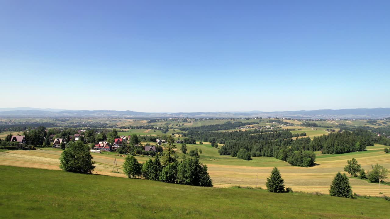 Panoramic Drone Shot of a Breathtaking European Rural Scene and Forest
