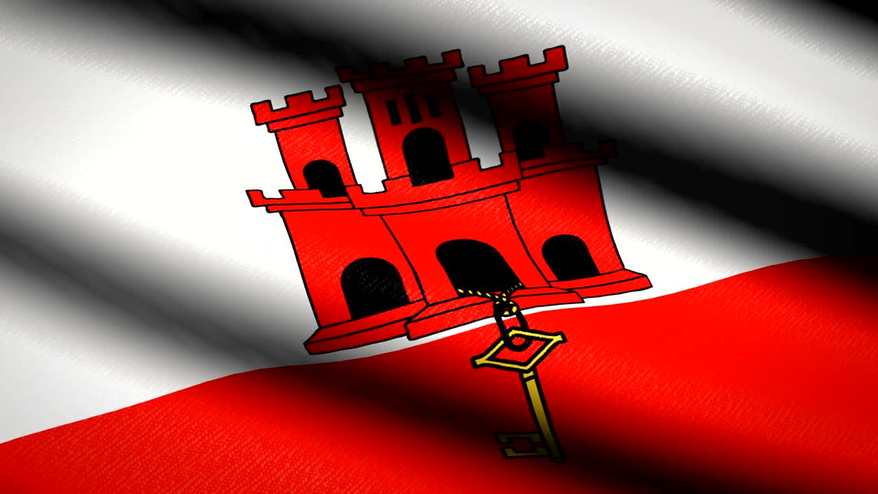 Vlajka Gibraltaru vlající na textilním texturovaném pozadí. Plynulá smyčková animace. Celá obrazovka. Zpomalený záběr. 4K video