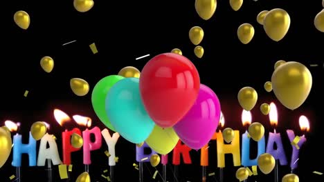 animación de globos coloridos flotando y confeti dorado cayendo sobre velas de feliz cumpleaños