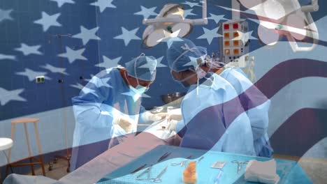 Animation-of-flag-of-usa-waving-over-surgeon-in-operating-theatre