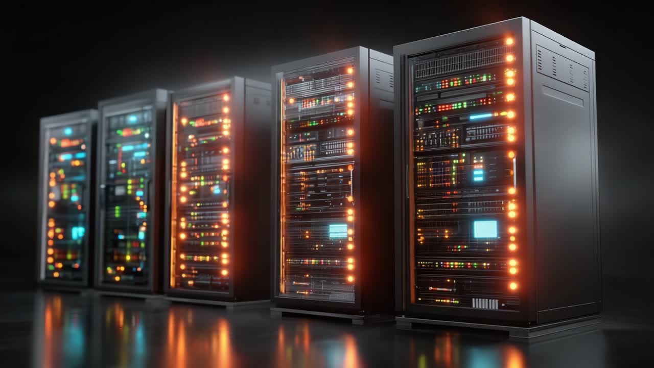 Et imponerende visuelt arrangement af moderne serverrack oplyst med farverige LED-lys, der viser avanceret teknologi og komplekse datastrukturer.