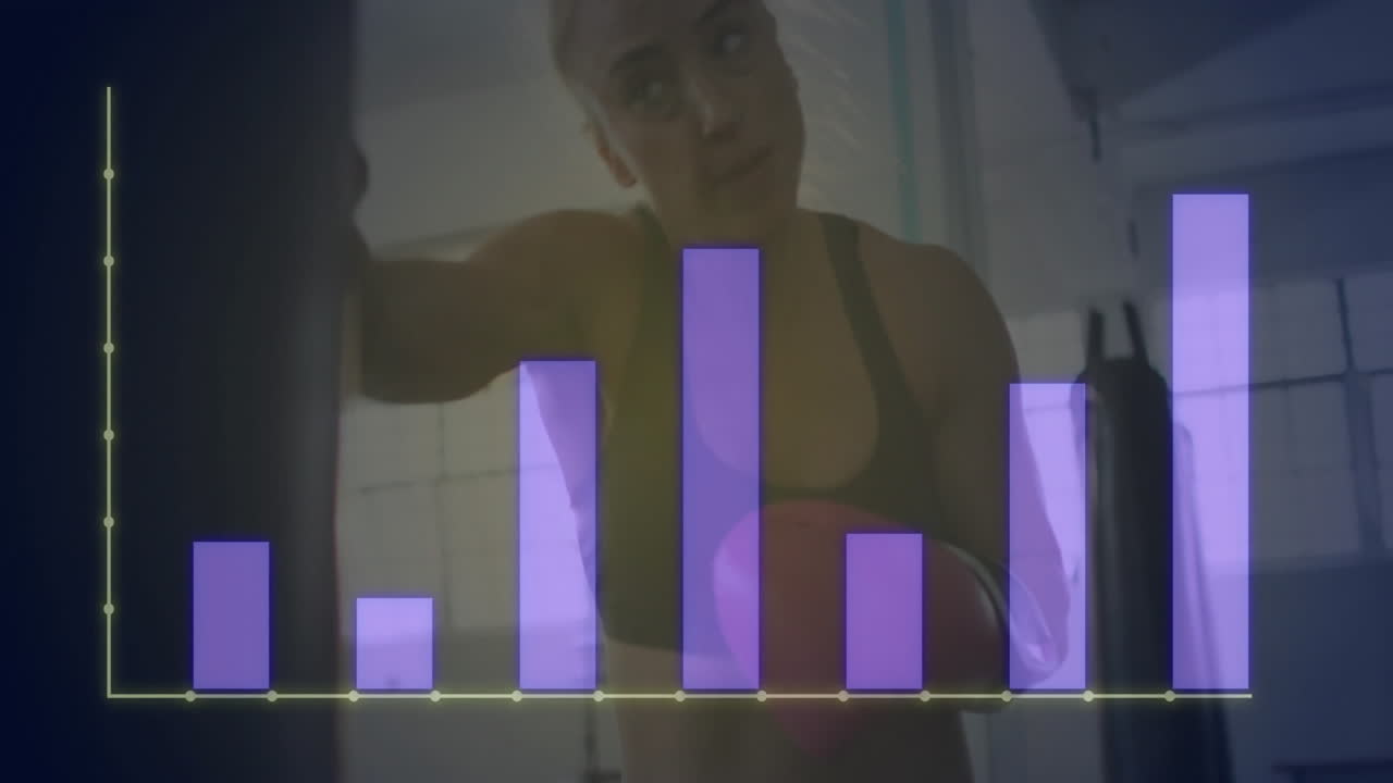Woman punching heavy bag in gym, displaying neon yellow bar chart overlay for fitness analytics