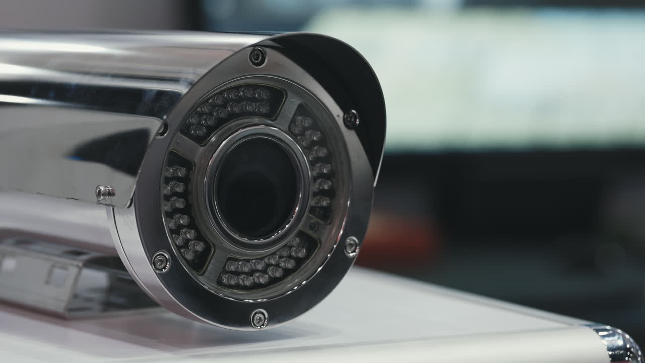 Close-up of a Modern Security Camera with Infrared LEDs