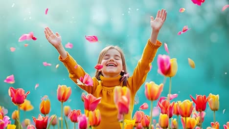 joyful child among colorful tulips with falling petals