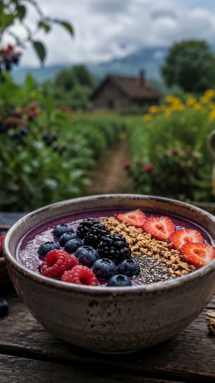 Una vista ravvicinata mostra una ciotola di frutti di bosco colorati con guarnizioni a strati su una superficie rustica mentre la telecamera si avvicina, rivelando la texture della frutta, un ambiente da giardino esterno, luce diurna soffusa e uno sfondo rurale tranquillo