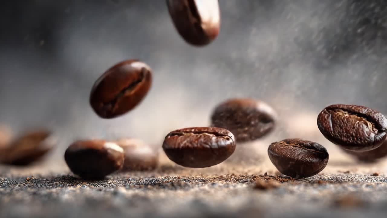Fængslende øjeblikke med kaffebønner i bevægelse: En visuel rejse gennem smagene og aromaerne af friskristet kaffe, der fremhæver deres teksturer og essens