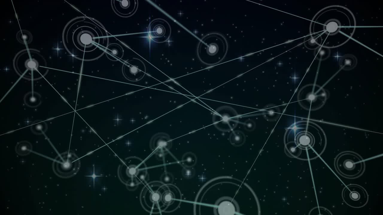 Pulsing central node sparking network growth, nodes appearing, linking, creating dense web in space