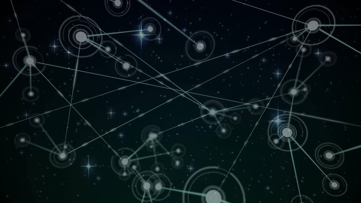 Pulsing central node sparking network growth, nodes appearing, linking, creating dense web in space