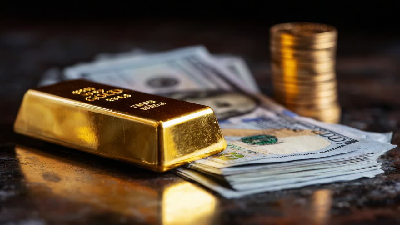 An Elegant Display of Wealth Featuring a Shiny Gold Bar Resting on a Stacked Collection of Dollar Bills and Glimmering Coins Symbolizing Luxury, Investment, and Financial Security