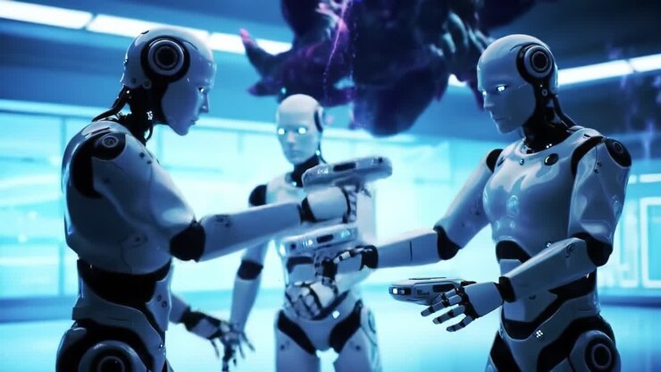 Three humanoid robots are seen interacting in a high-tech laboratory. They are performing a demonstration using advanced technology while glowing blue lights illuminate the environment.