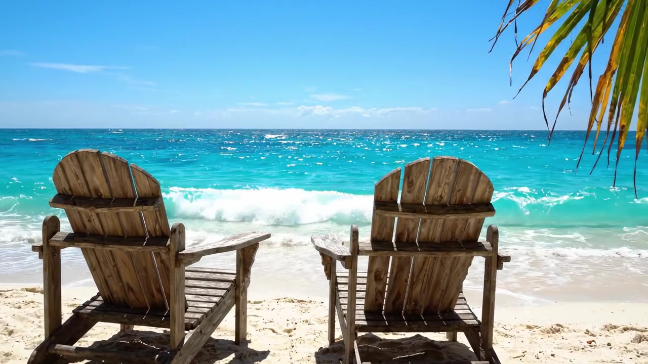 Ruhiger Strandurlaub: Zwei verwitterte Stühle blicken auf sanfte Wellen und klares blaues Wasser unter einem strahlend blauen Himmel.