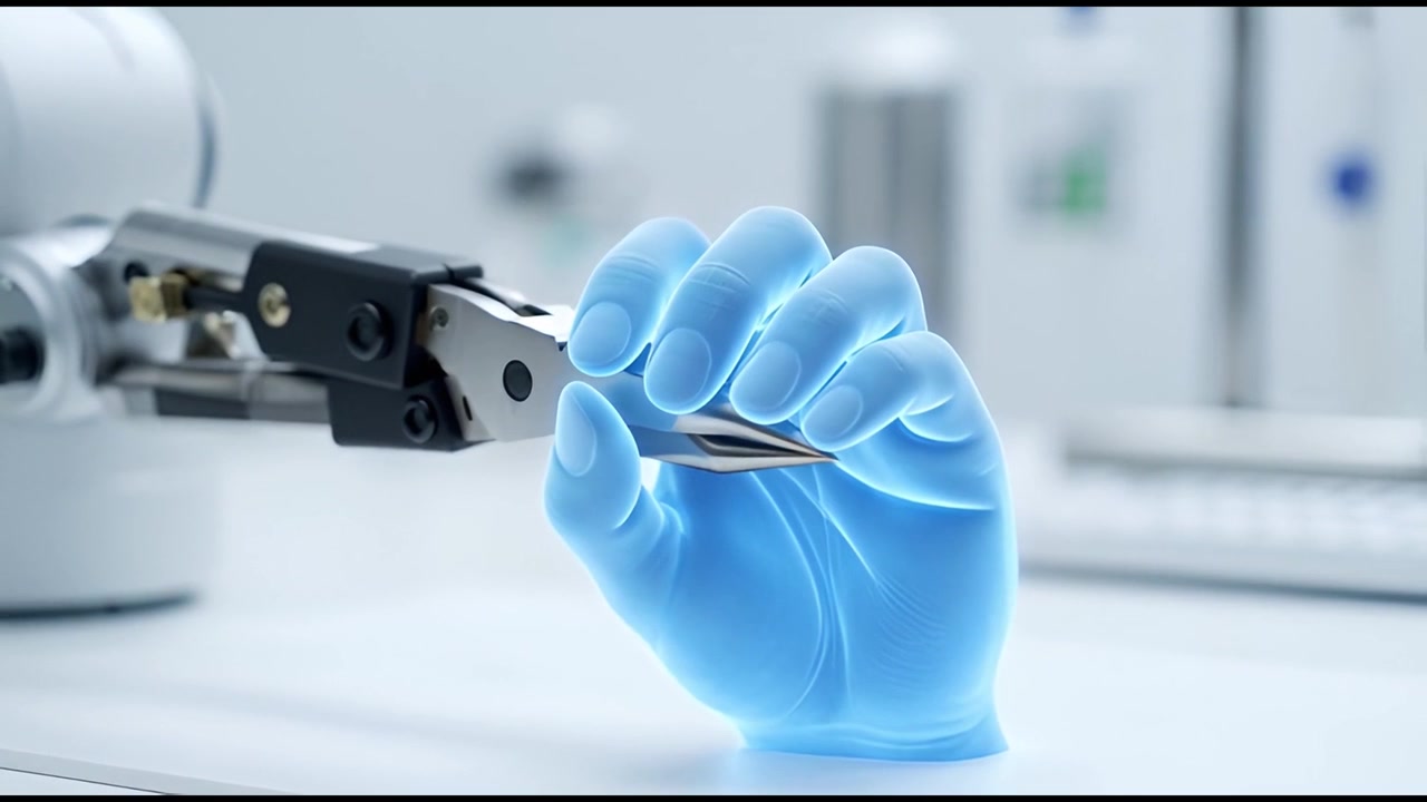 Robotic Arm Demonstrating Precision with a Blue Hand Model