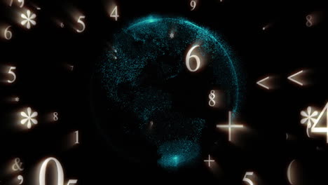 Mathematical numbers and symbols falling against spinning globe