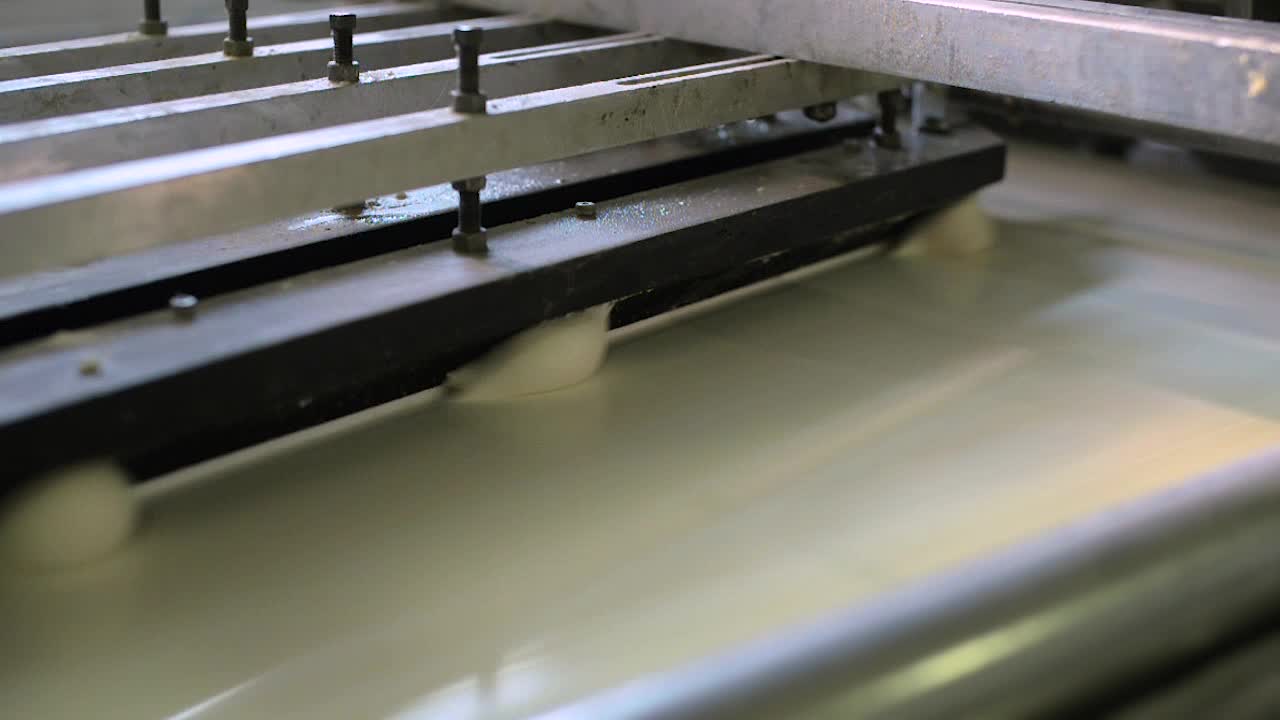 Balls of raw dough transferred over conveyor belt in bread factory