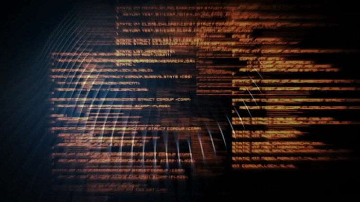 Animation of digital data processing over dark background