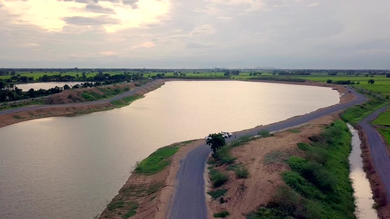 aerial view sunset water pond nature