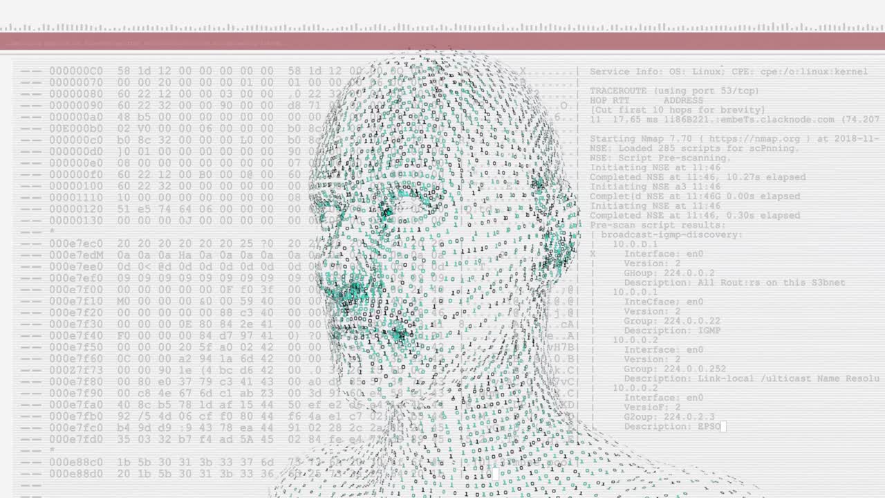 animación de un humano digital sobre el procesamiento de datos sobre un fondo blanco