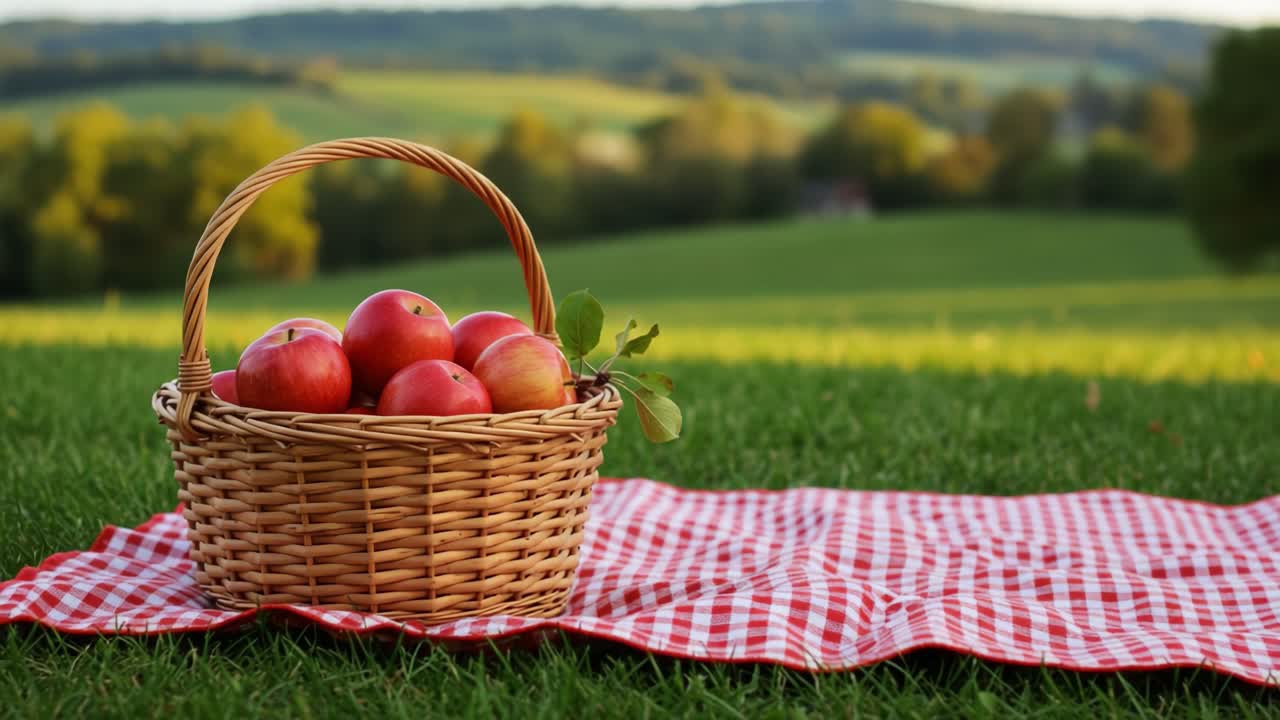 A basket of red apples on a picnic blanket in a grassy field