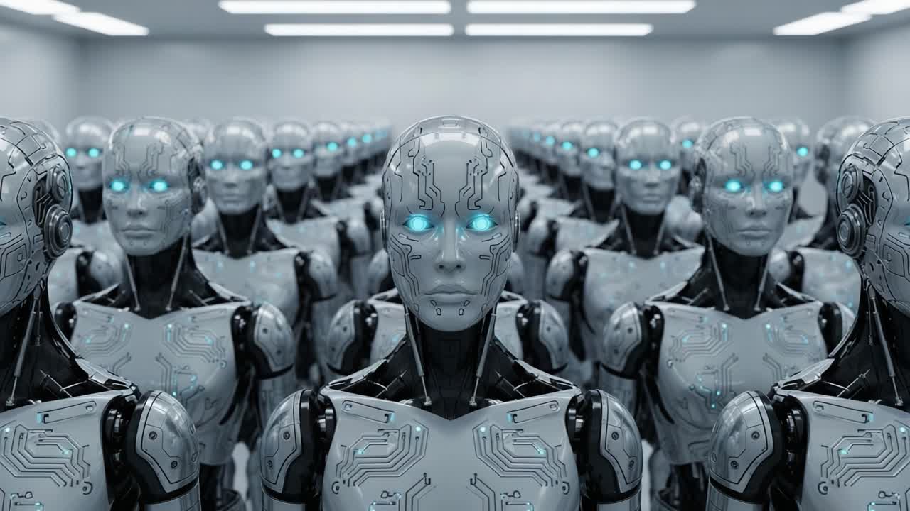 A Futuristic Assembly of Advanced Android Robots in a High-Tech Setting, Each Featuring Glowing Blue Eyes and Intricate Circuit Patterns in a Symmetrical Formation