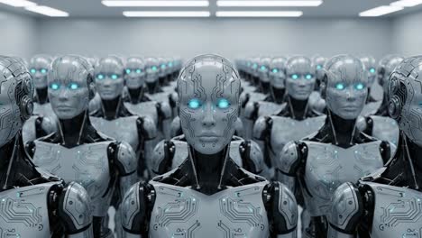 a futuristic assembly of advanced android robots in a high-tech setting, each featuring glowing blue eyes and intricate circuit patterns in a symmetrical formation