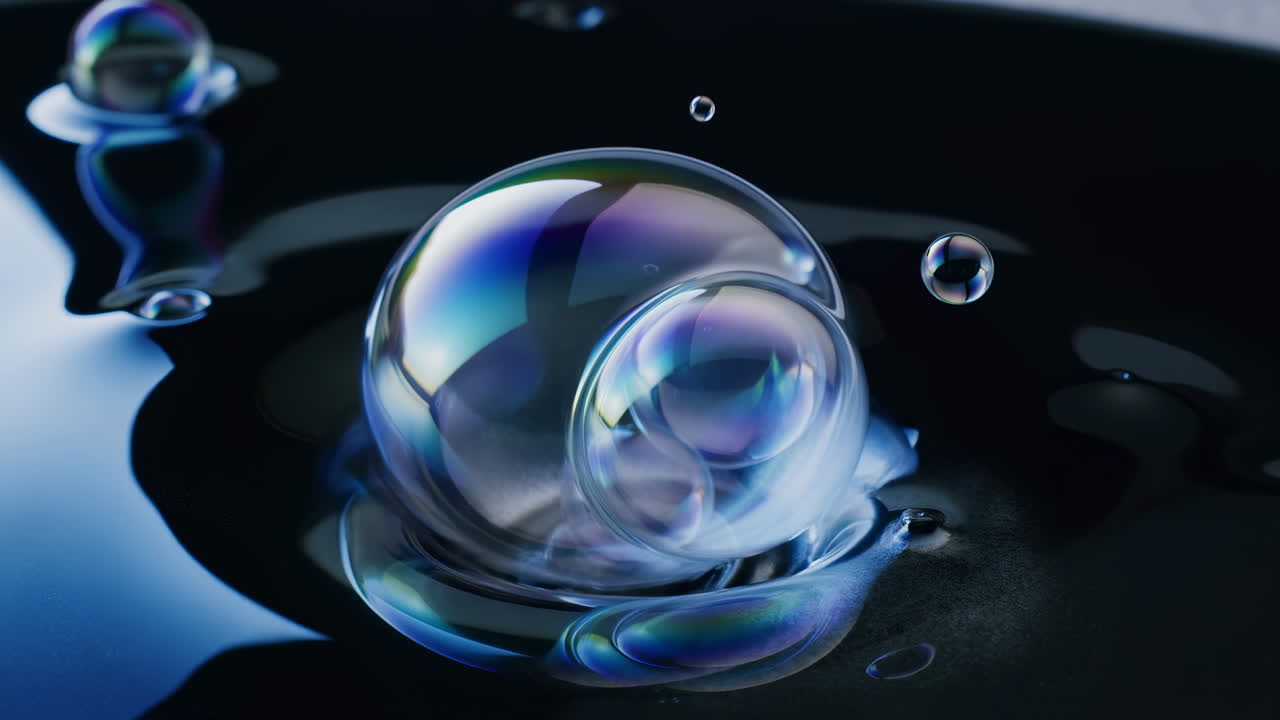 Bolle di sapone iridescenti che si formano e si fondono su una superficie liquida scura
