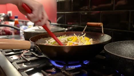 frituras cocinadas en casa que se vierte en un wok y se agita