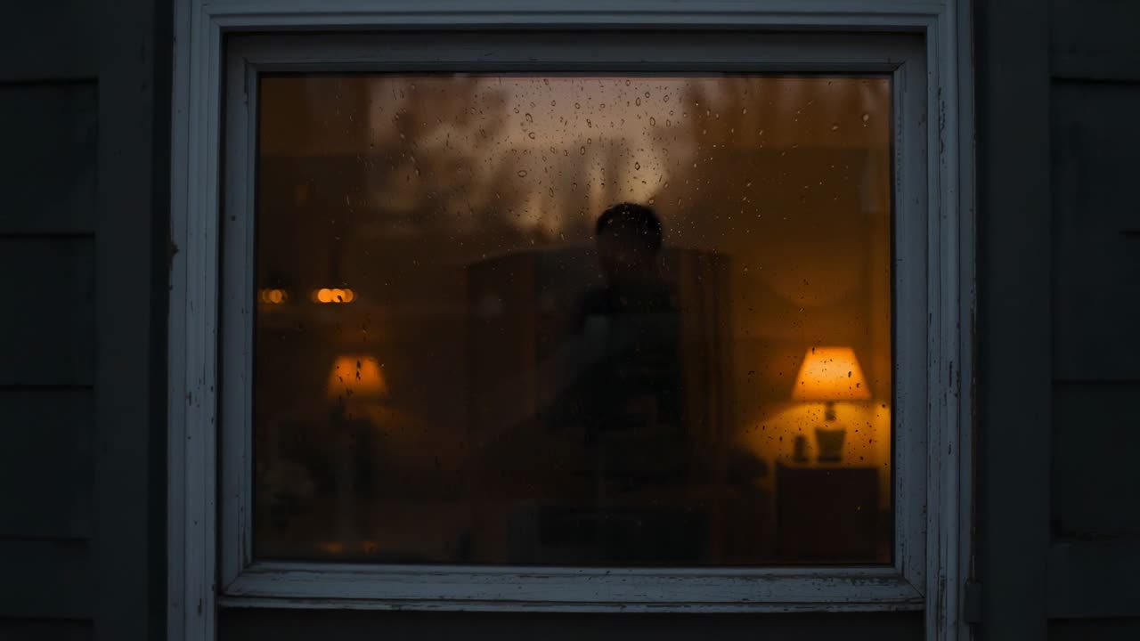 En bevegelig silhuett av en mann i mørk overdel trer frem bak et regnvått vindu, med lamper i bakgrunnen, og sjekker telefonen.