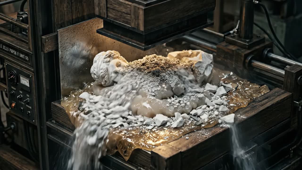 粘性のある液体の中で古典的な彫像の胸像を押し潰す工業用プレス機