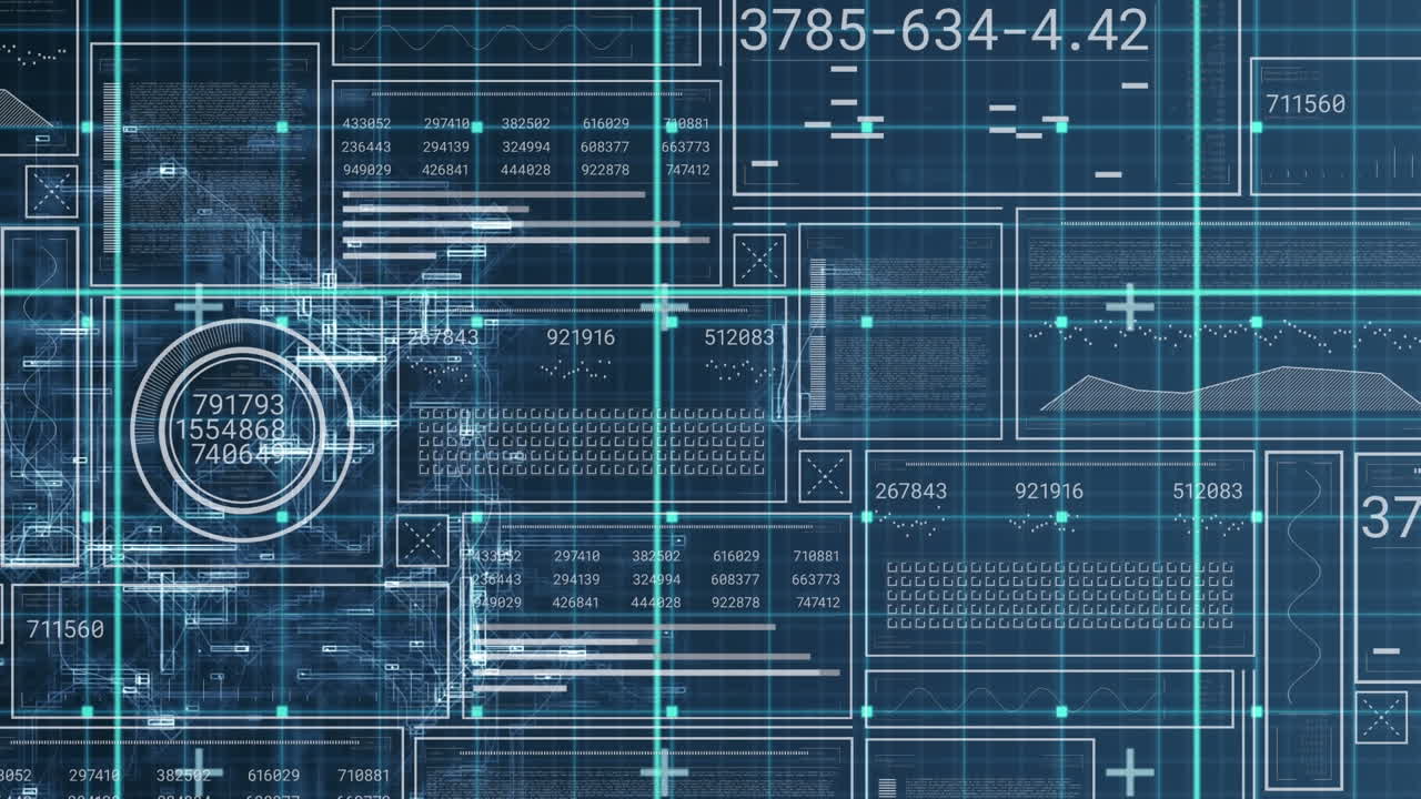 Animation of loading bars and circles, graphs over abstract pattern against blue background