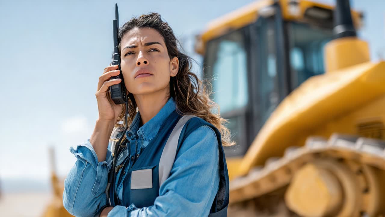 Construction worker with walkie talkie