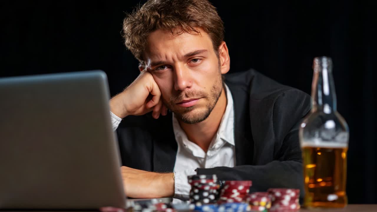 A Frustrated Gambler's Despair: Capturing the Emotional Struggles of a Player Staring at a Computer Screen Surrounded by Poker Chips and a Beer, Reflecting on Losses and Choices in a High-Stakes Environment