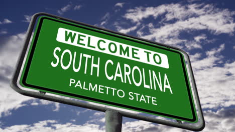 welcome to south carolina, usa road sign, palmetto state nickname, realistic 3d animation