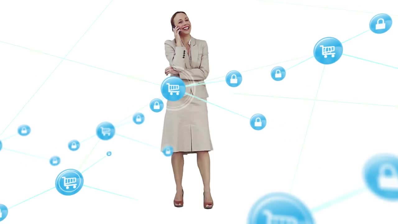 스마트 폰에서 백인 사업가 여성에 대한 아이콘과의 연결 네트워크의 애니메이션