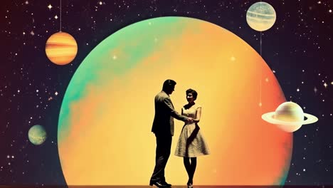 retro-futuristic video concept with a couple silhouetted against a vibrant cosmic backdrop