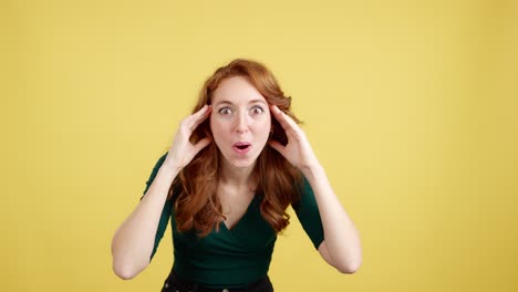 a surprised woman with red hair expressing shock on a yellow background