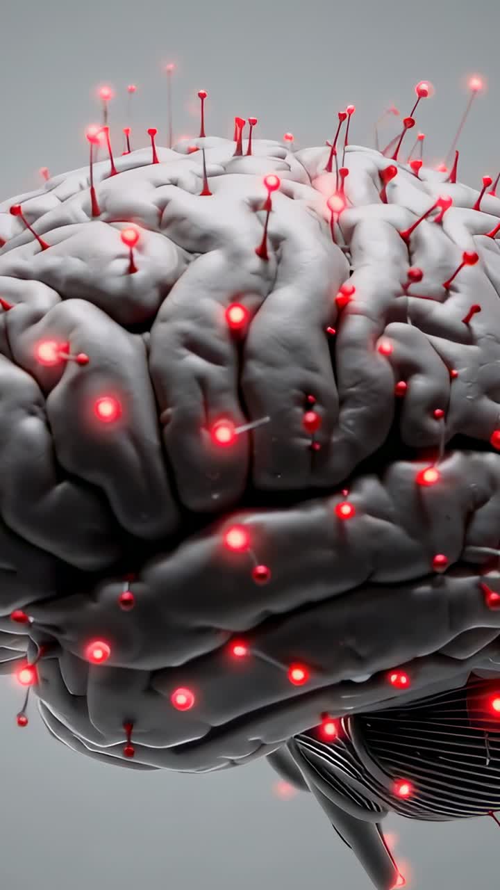 Vertical video: Camera zooming after play start, showing 3D brain model pulsing red pins in studio