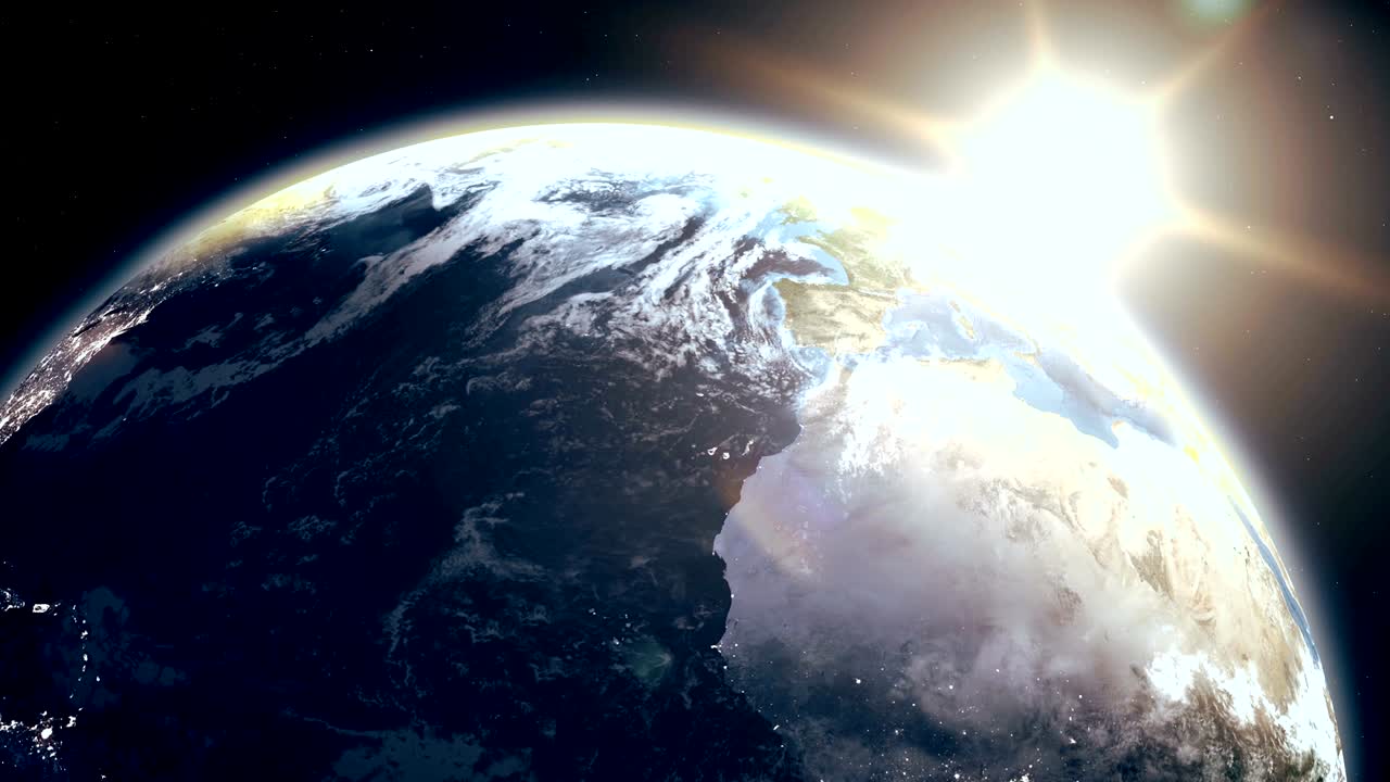 Animasi 3D matahari terbit epik yang sangat detail dan realistis di atas planet Bumi