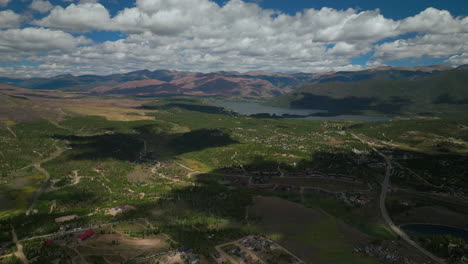 aerial cinematic drone high altitude grand lake shadow mountain grandby colorado rocky mountain national park entrance calm clear beautiful summer morning boating forest peaks with snow melt forward