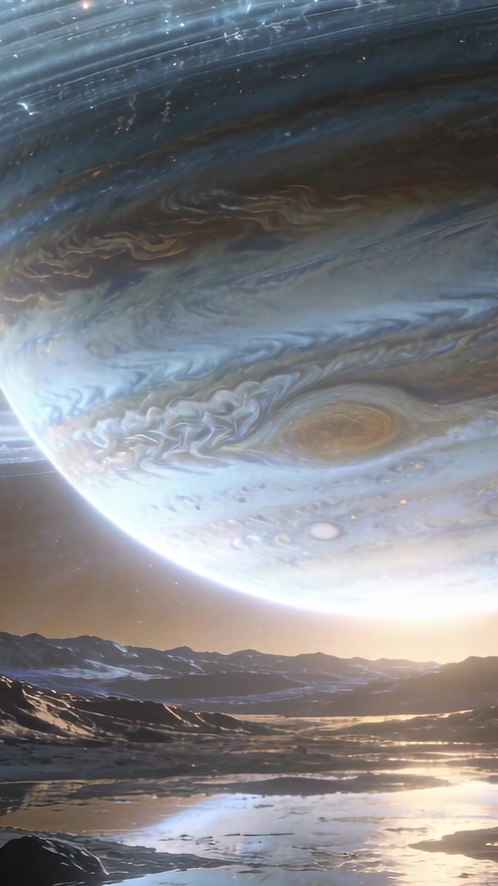 Vertical video: Panning camera right revealing ringed gas giant over frozen pools, boosting glow