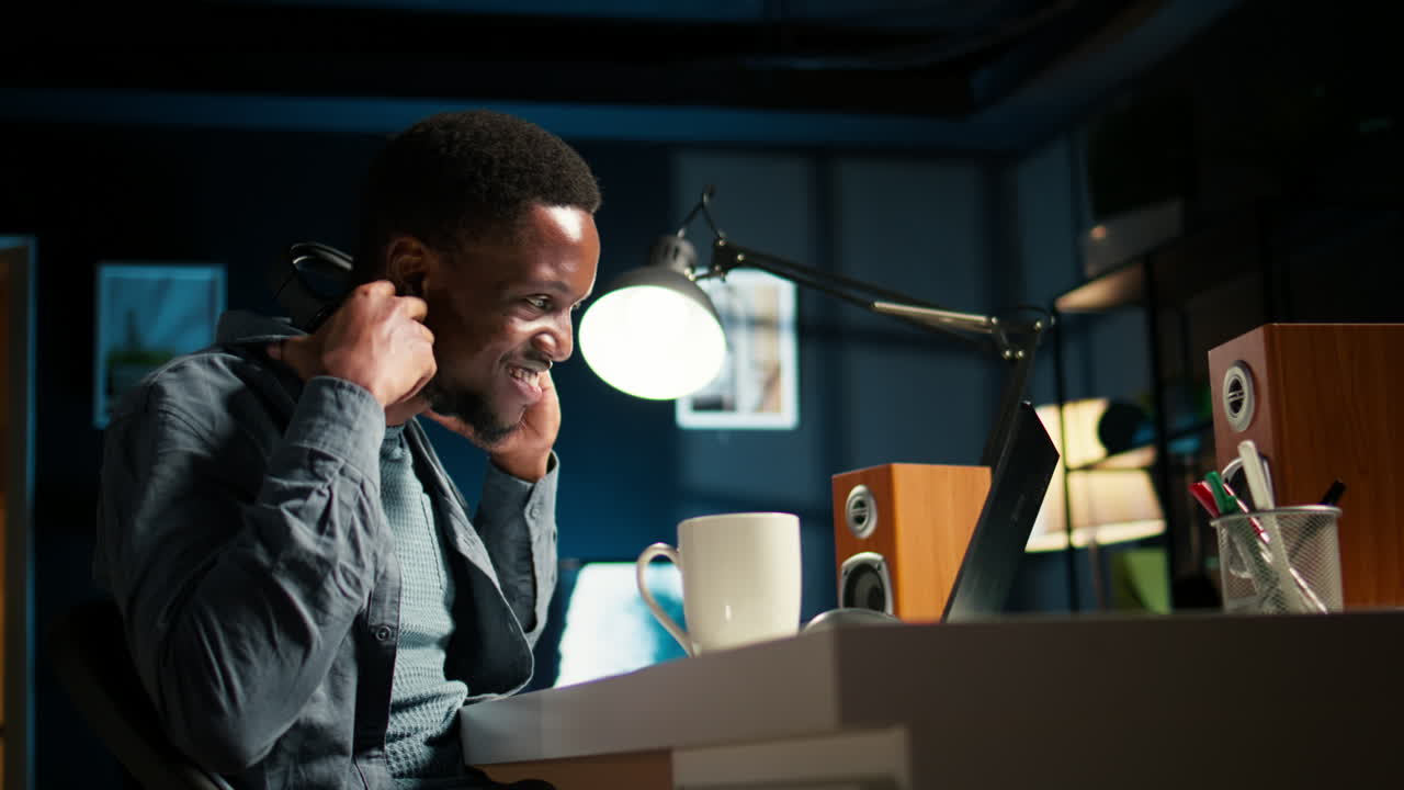African american guy does remote work and engaging in a web conversation