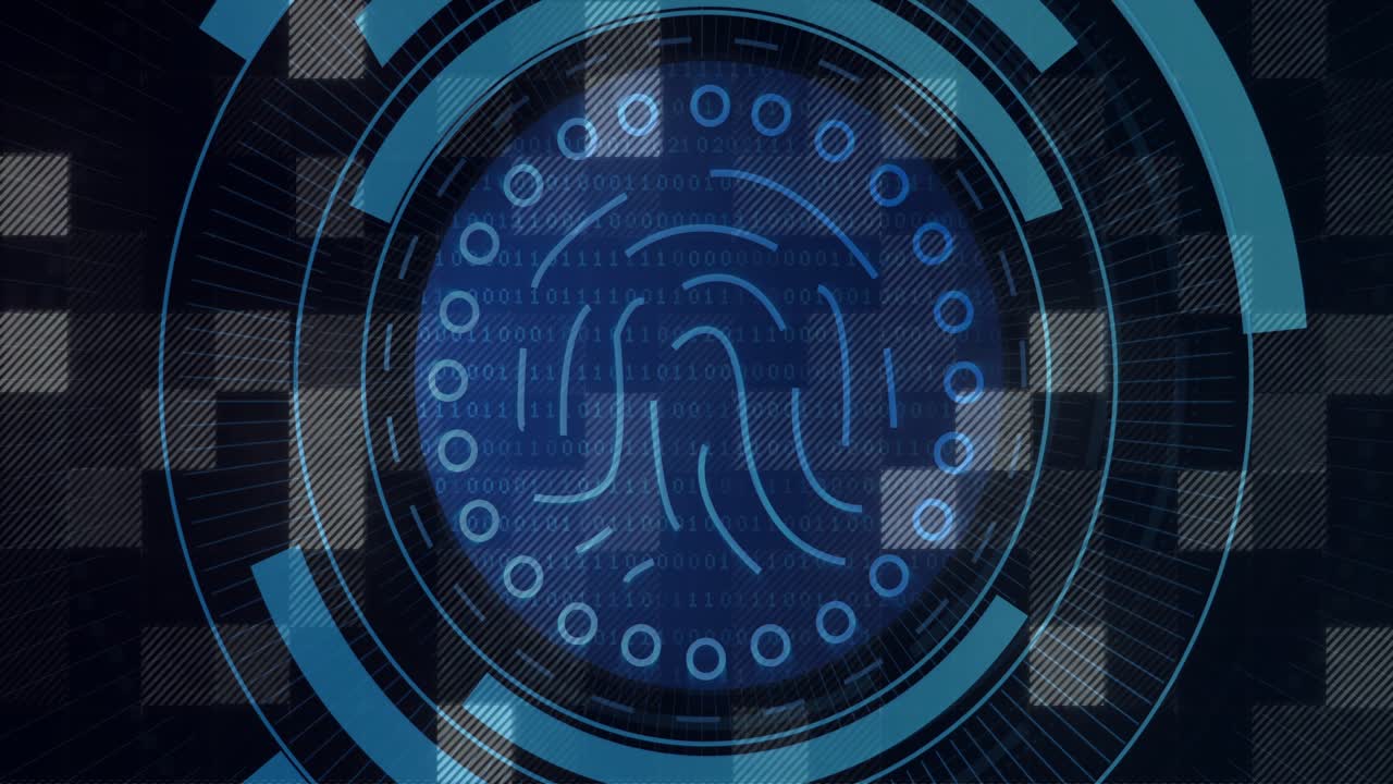 Light squares appearing as central HUD growing fingerprint forming teal arcs rotating for access