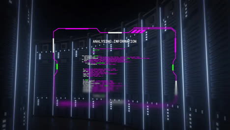 animation of computer servers over analysing information text on processing data file on black