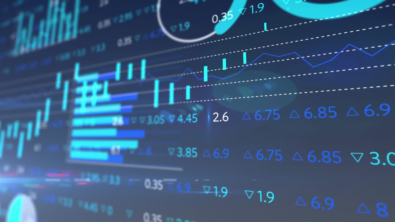 Animation of purple light trails and financial data processing
