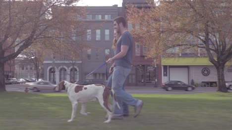 young loving couple walk their adorable dog through a park