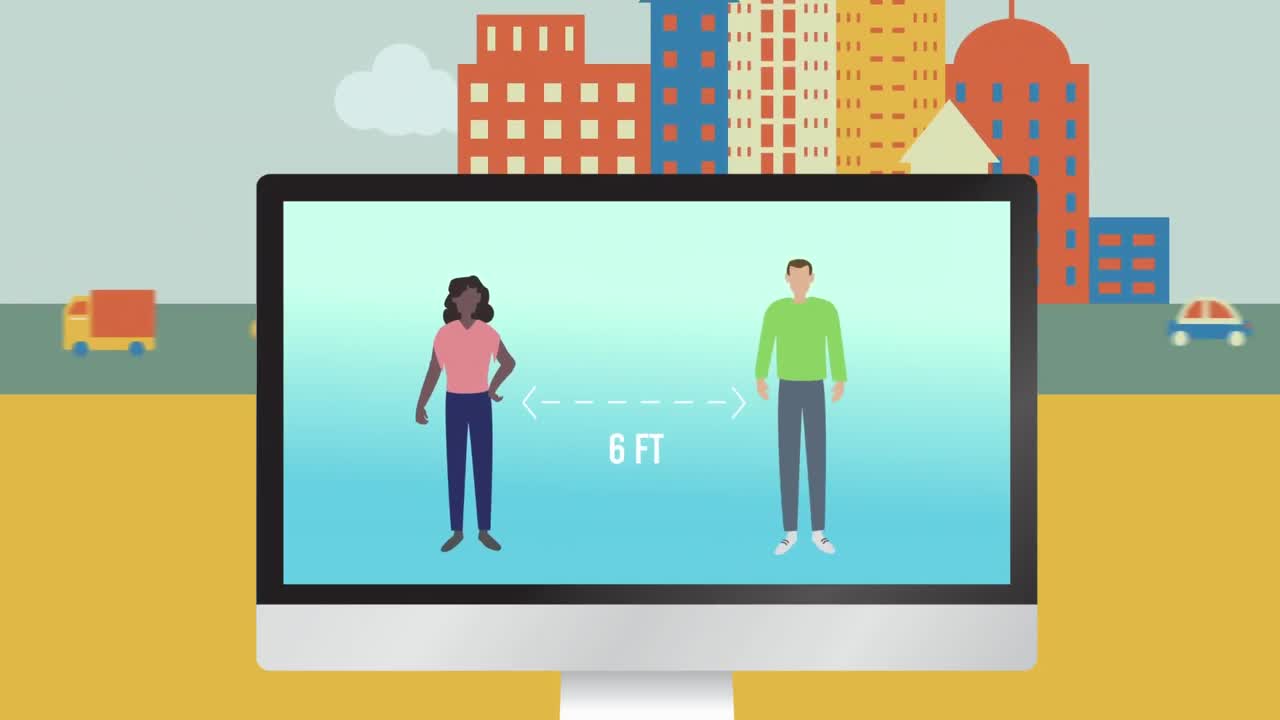 Animation of people in a laptop screen social distancing with buildings and roads behind