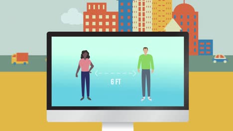 Animation-Von-Menschen-Auf-Einem-Laptop-Bildschirm,-Die-Sich-Sozial-Distanzieren,-Mit-Gebäuden-Und-Straßen-Dahinter