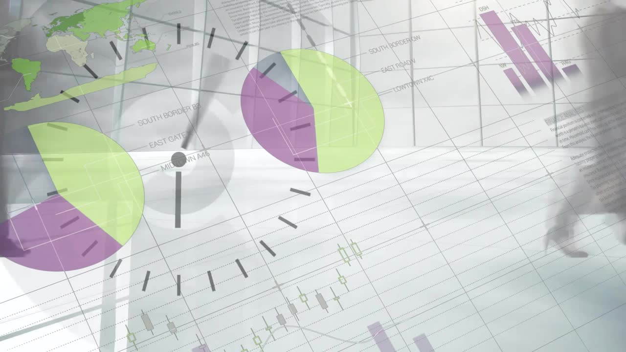 Animation af databehandling og diagrammer over gående forretningsfolk og ur