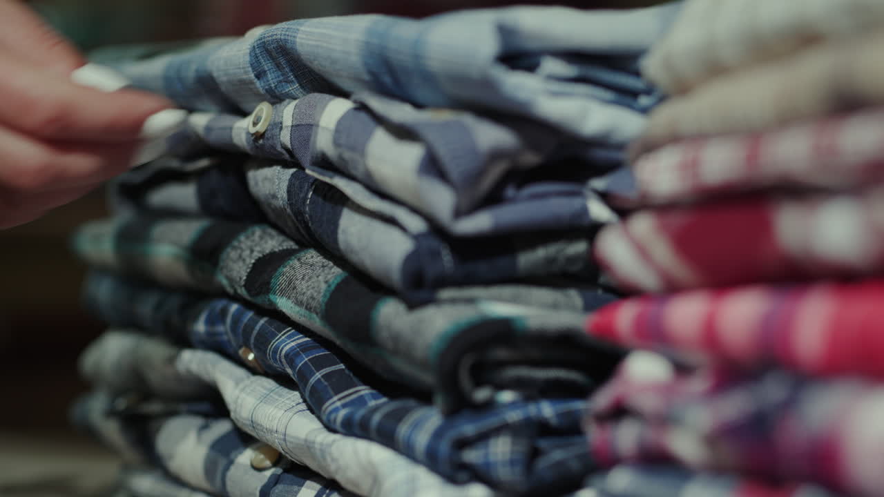 las manos de las mujeres ordenan una pila de camisas de hombres 5