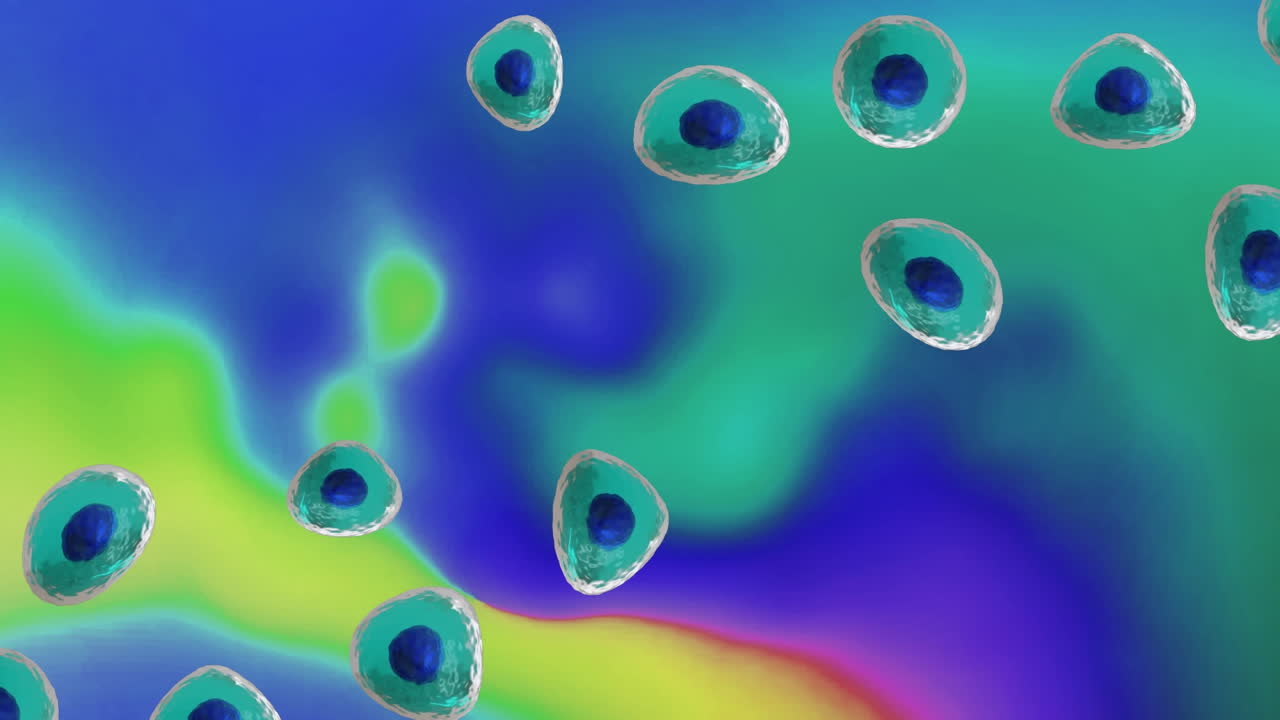 animación de micro de células azules y turquesas sobre un fondo de colores vibrantes