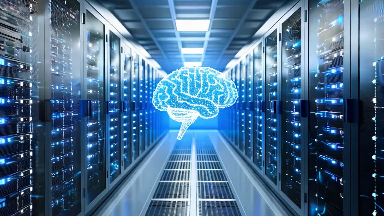 A computer server room with a large brain symbol on the wall. The room is filled with rows of servers and the brain symbol is glowing blue. Scene is futuristic and technological